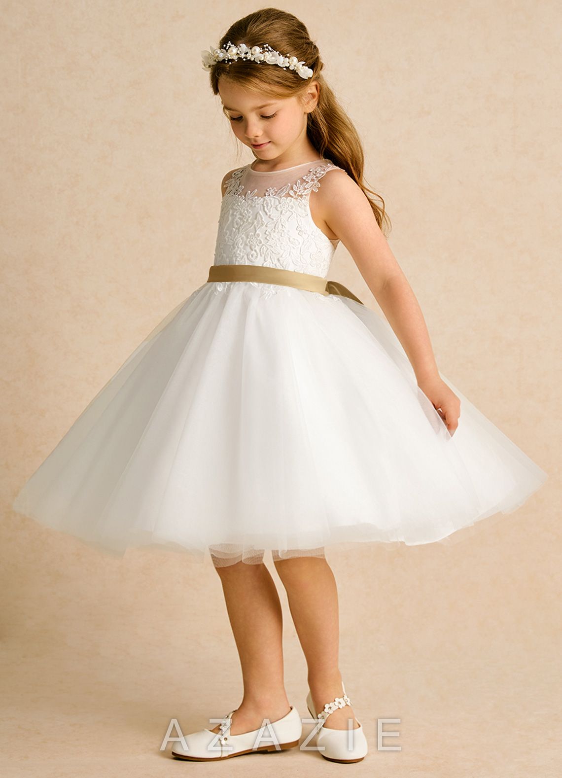 Azazie Lettie Ivory Gold Ball-Gown Lace Dress ivory/gold