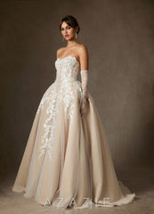 Azazie Sonnet Diamond White Champagne Ball-Gown Strapless Lace Dress