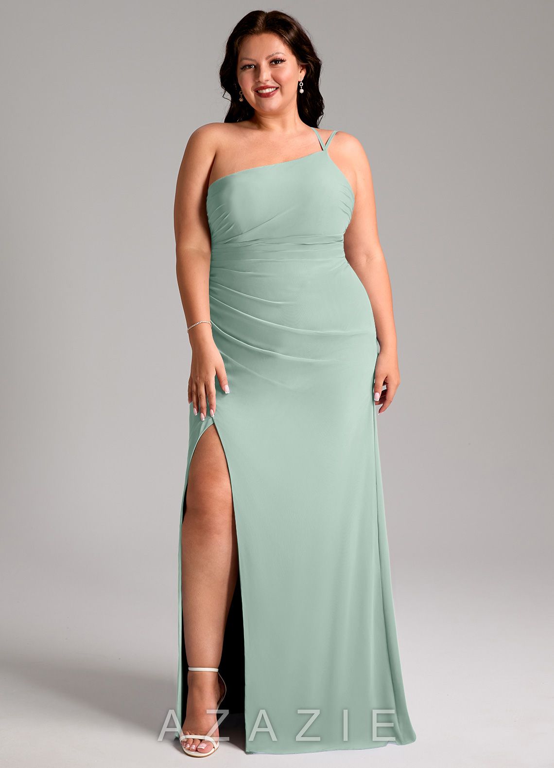 Azazie Eren Agave Sheath One Shoulder Chiffon Dress agave