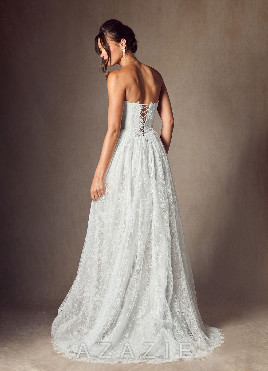 Azazie Lorena Diamond White A-Line Strapless Lace Dress