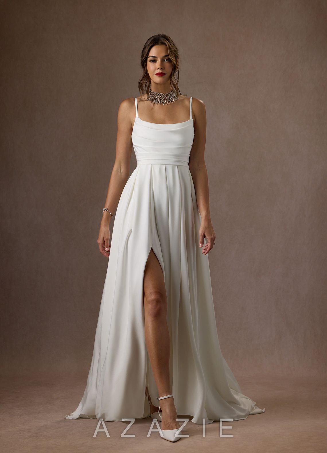 Azazie Caymus Wedding Dress Diamond White A-Line Scoop Pleated Crepe Back Satin Dress diamond_white