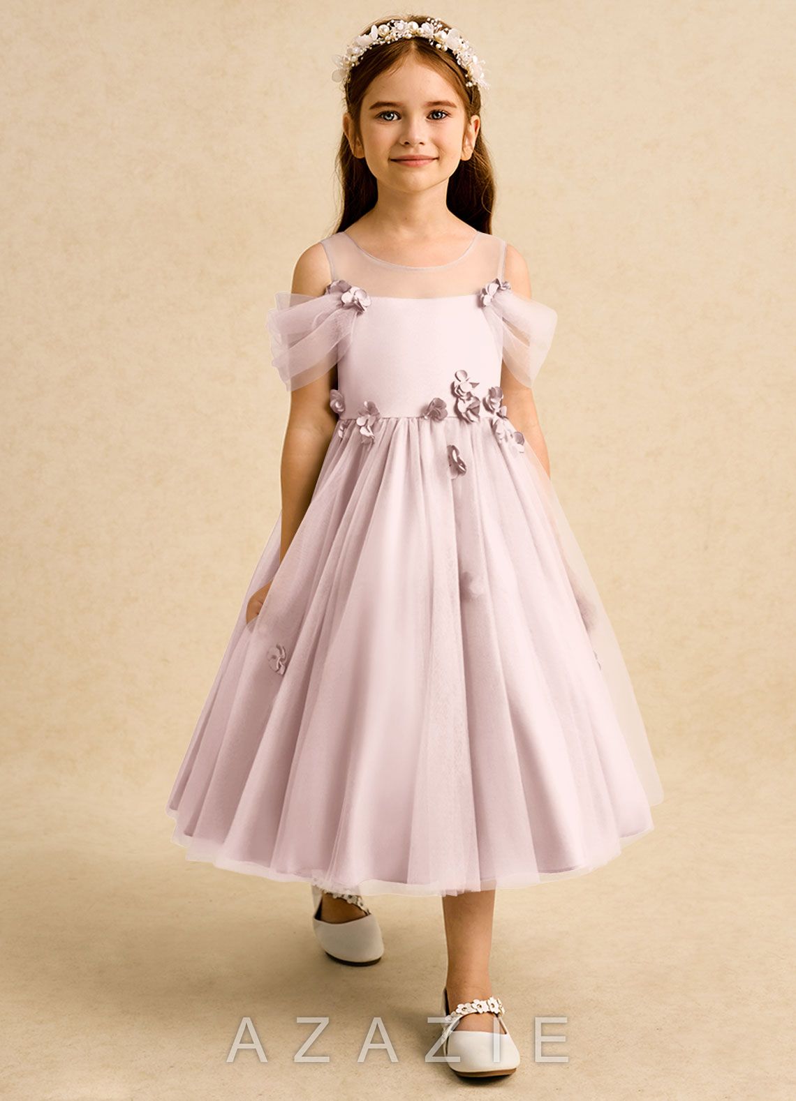 Azazie Juni Blushing Pink Ball-Gown Pleated Tulle Dress blushing_pink