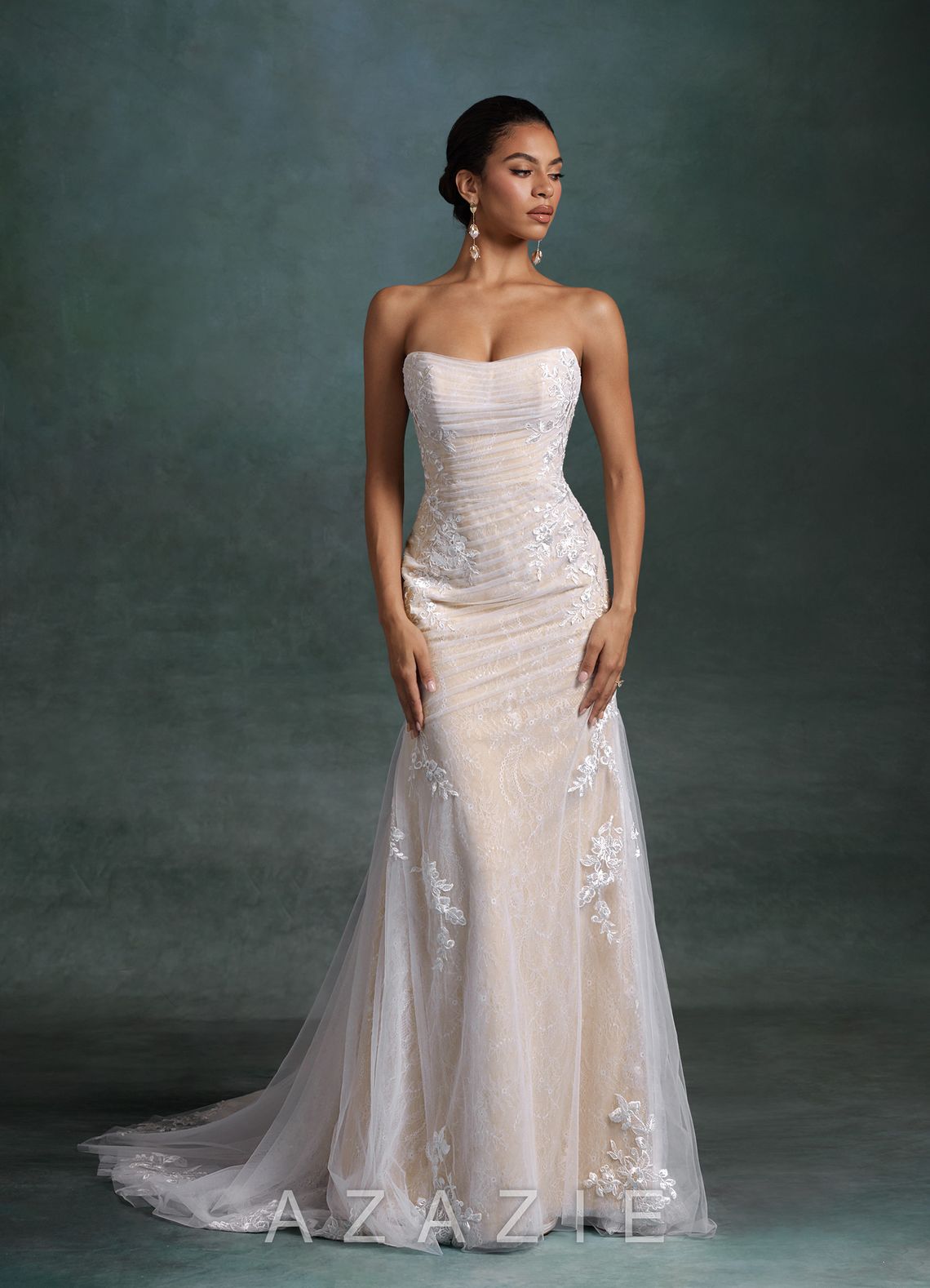 Azazie Ella Diamond White Champagne Mermaid Sweetheart Neckline Tulle Dress diamond_white/champagne