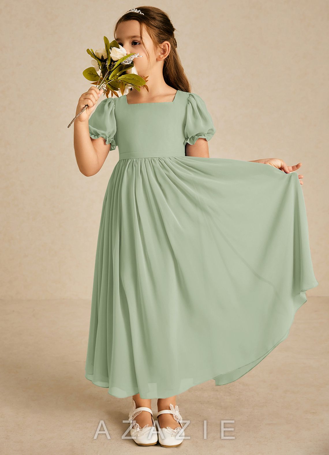 Azazie Joss Dusty Sage A-Line with Sleeves Chiffon Dress