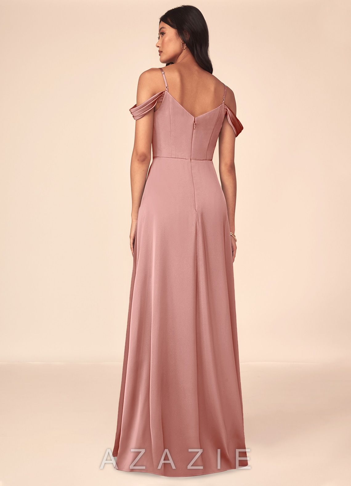 Azazie Ocean Rosette A-Line V-Neck Pleated Stretch Satin Dress rosette