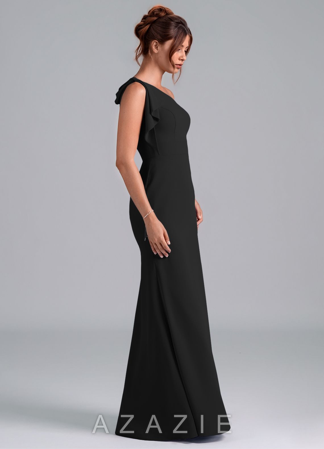 Azazie Rinna Black Mermaid One Shoulder Chiffon Dress black