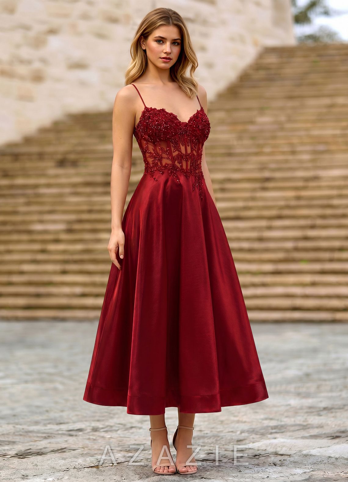 Cemtine Burgundy Lace Sequin Embroidery Satin Wedding Guest