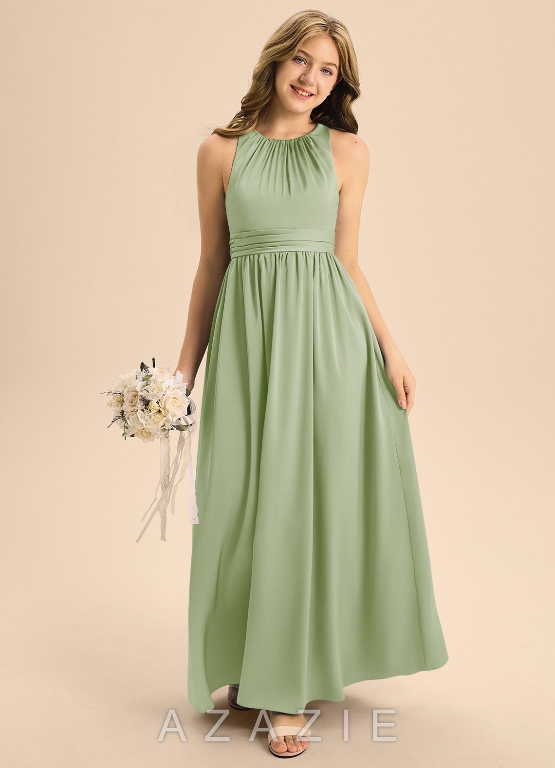 Azazie Jaylah Junior Dusty Sage A-Line Pleated Stretch Satin Dress dusty_sage