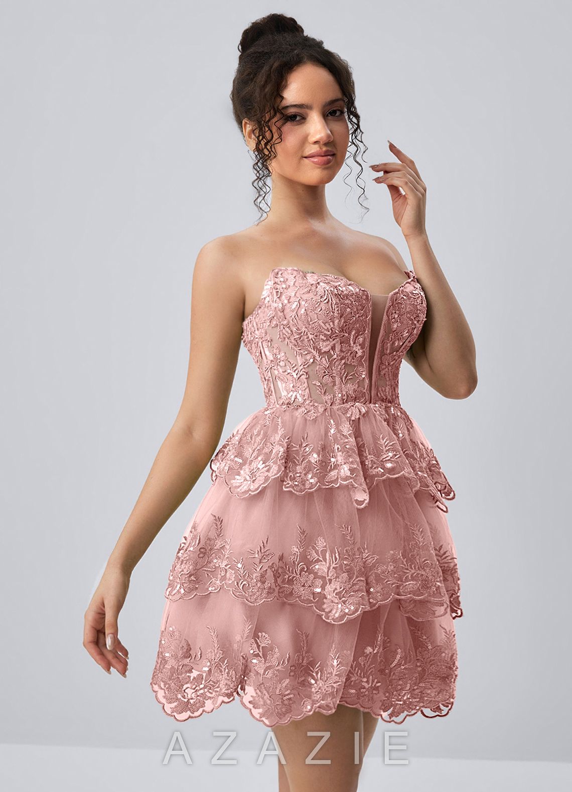 Liaorde Blush Taupe Ruffles Sequins A Line Mini Dress