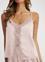 Lace and Bows Satin Cami and Shorts Pajama Set  blushing_pink