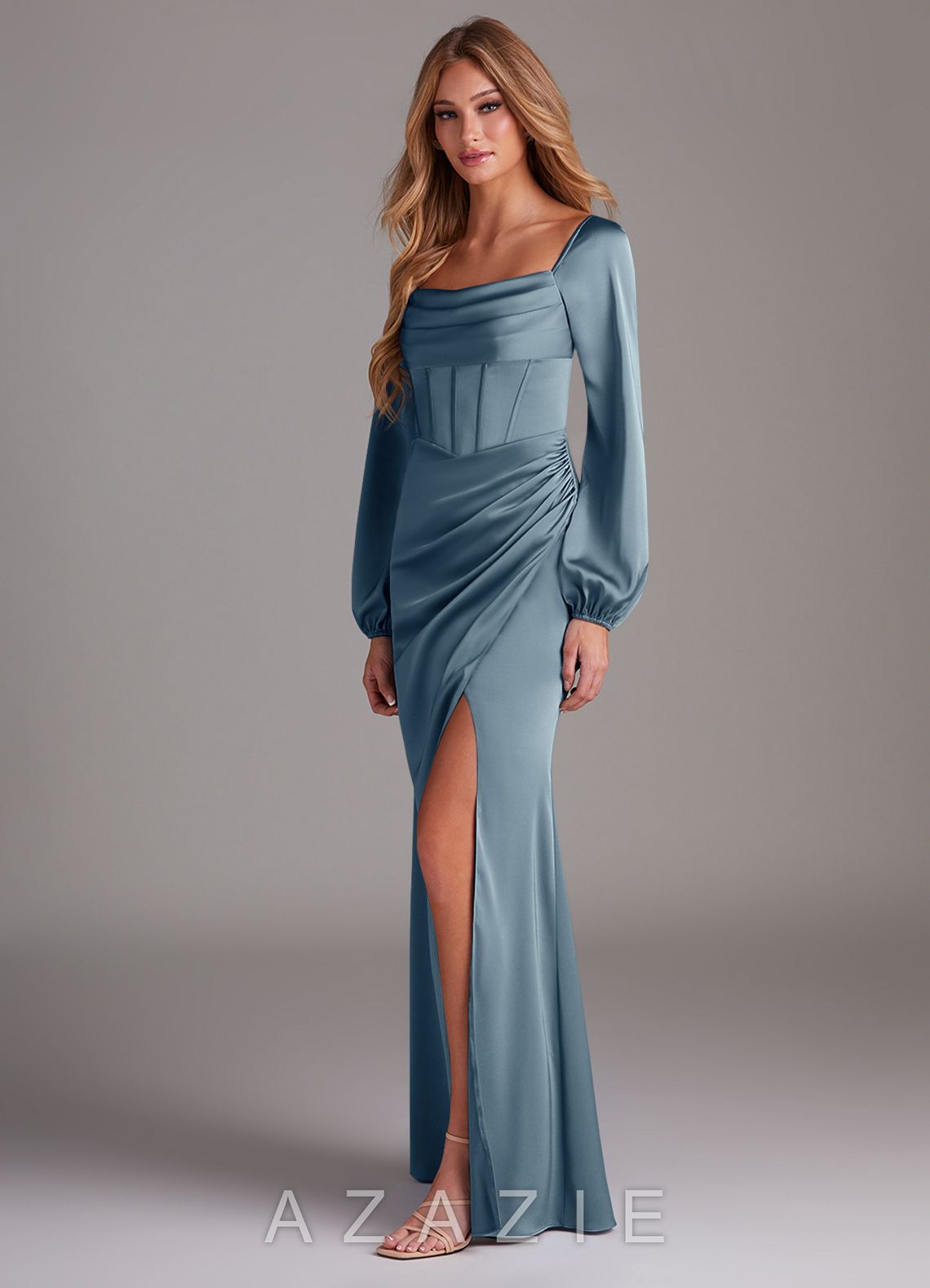 Azazie Charissa Dusty Blue Sheath Long Sleeve Stretch Satin Dress dusty_blue