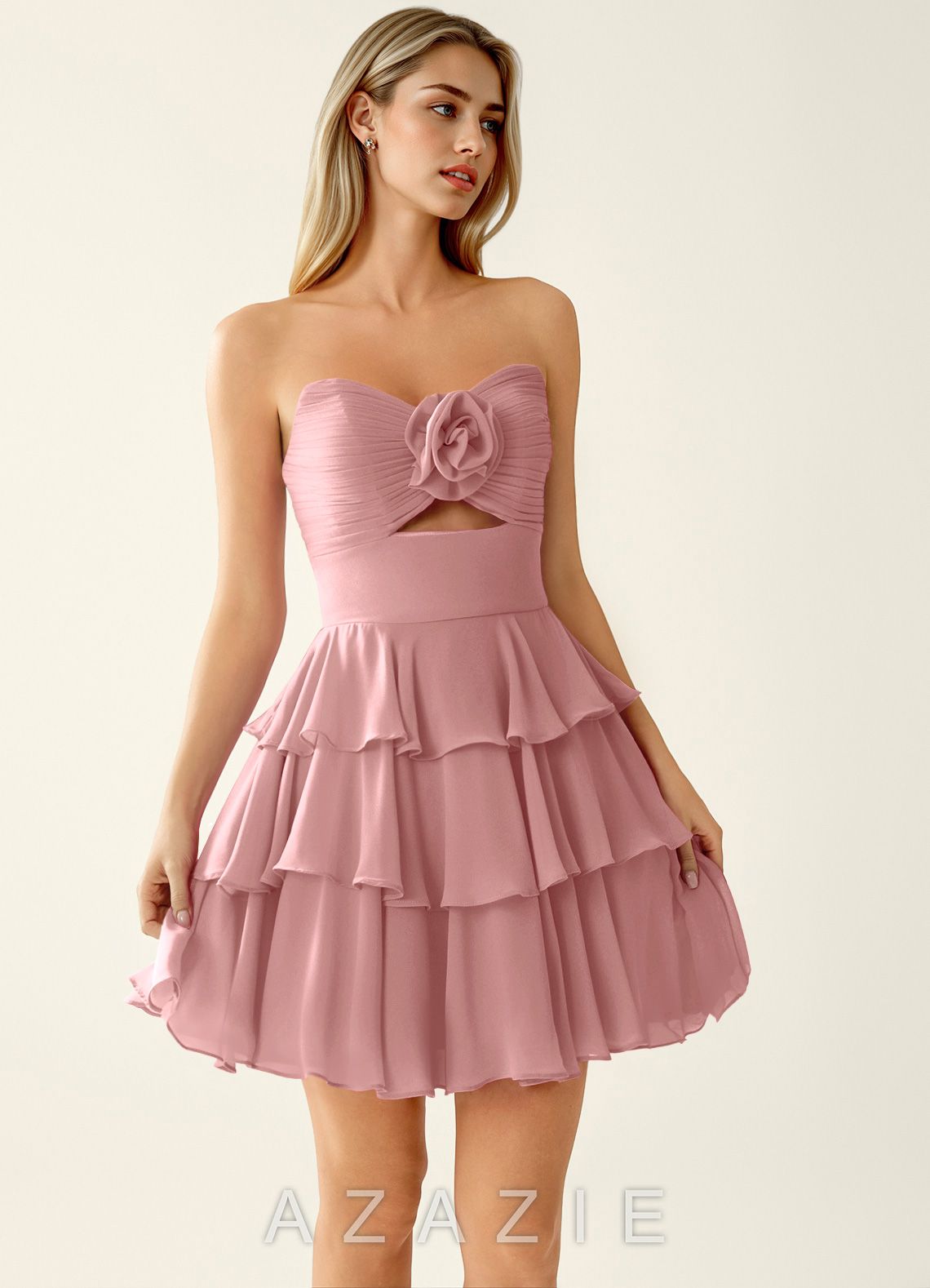 Orosecy Dusty Pink Cut-out Waist Ruffles Chiffon Mini Dress