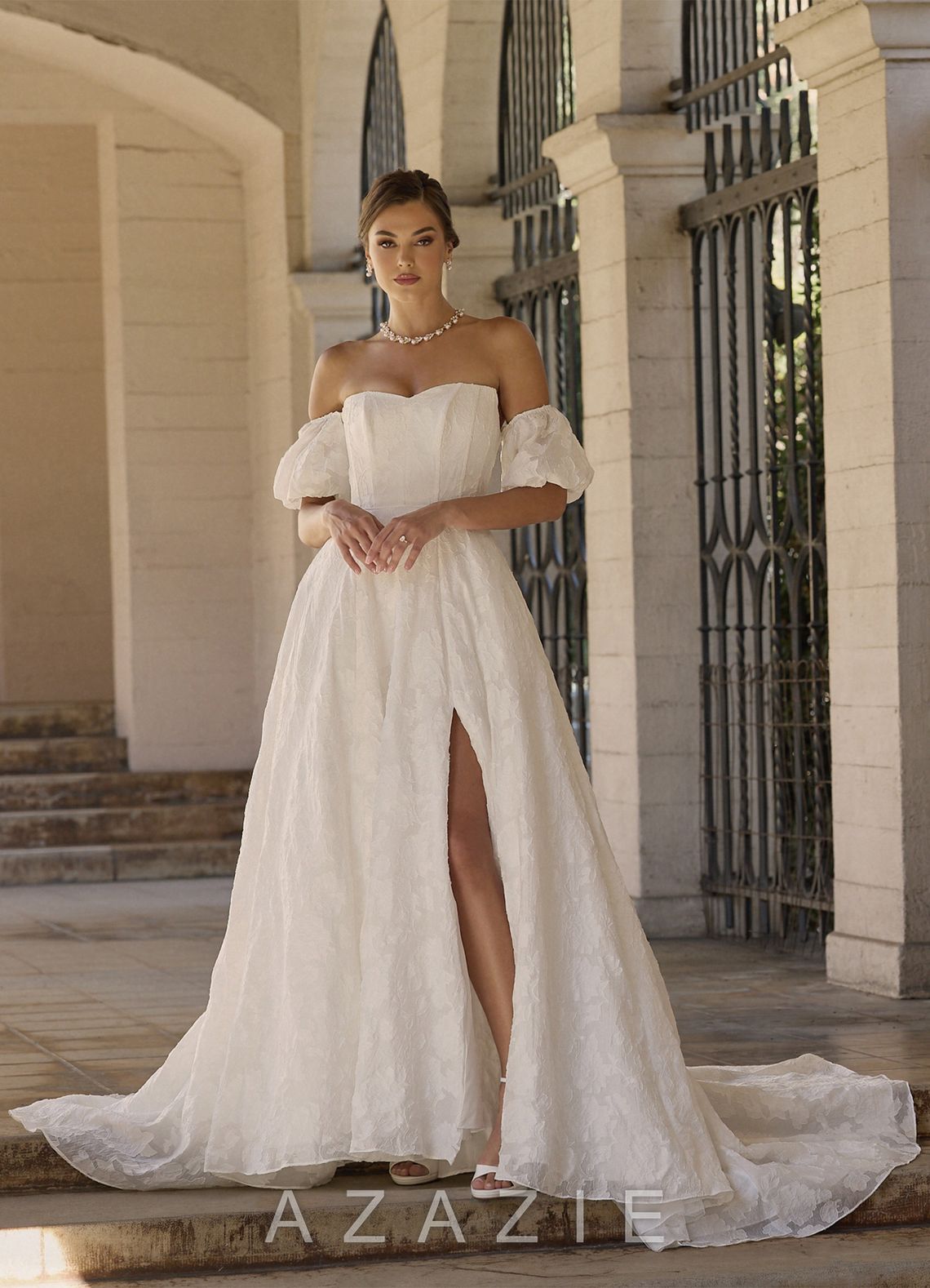 Azazie Gladiola Diamond White Ball-Gown Sweetheart Neckline Floral Burnout Jacquard Dress diamond_white