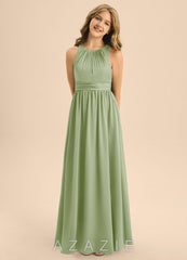 Azazie Jaylah Junior Dusty Sage A-Line Pleated Stretch Satin Dress
