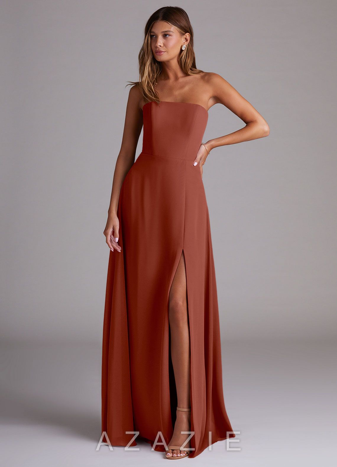 Azazie Wren Auburn A-Line Side Slit Chiffon Convertible Dress