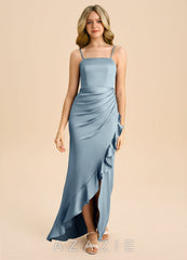 Azazie Buzzy Junior Dusty Blue Sheath Pleated Stretch Satin Dress dusty_blue