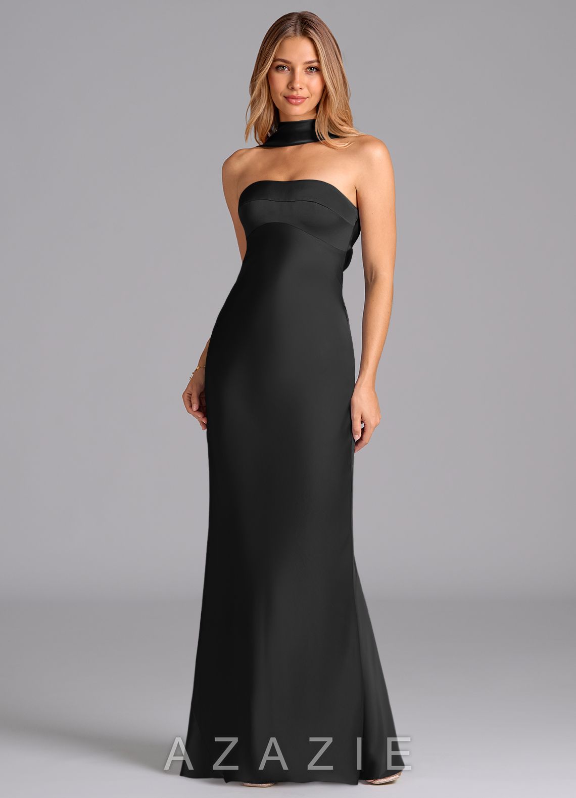 Azazie Lusinda Black Mermaid Strapless Stretch Satin Dress black