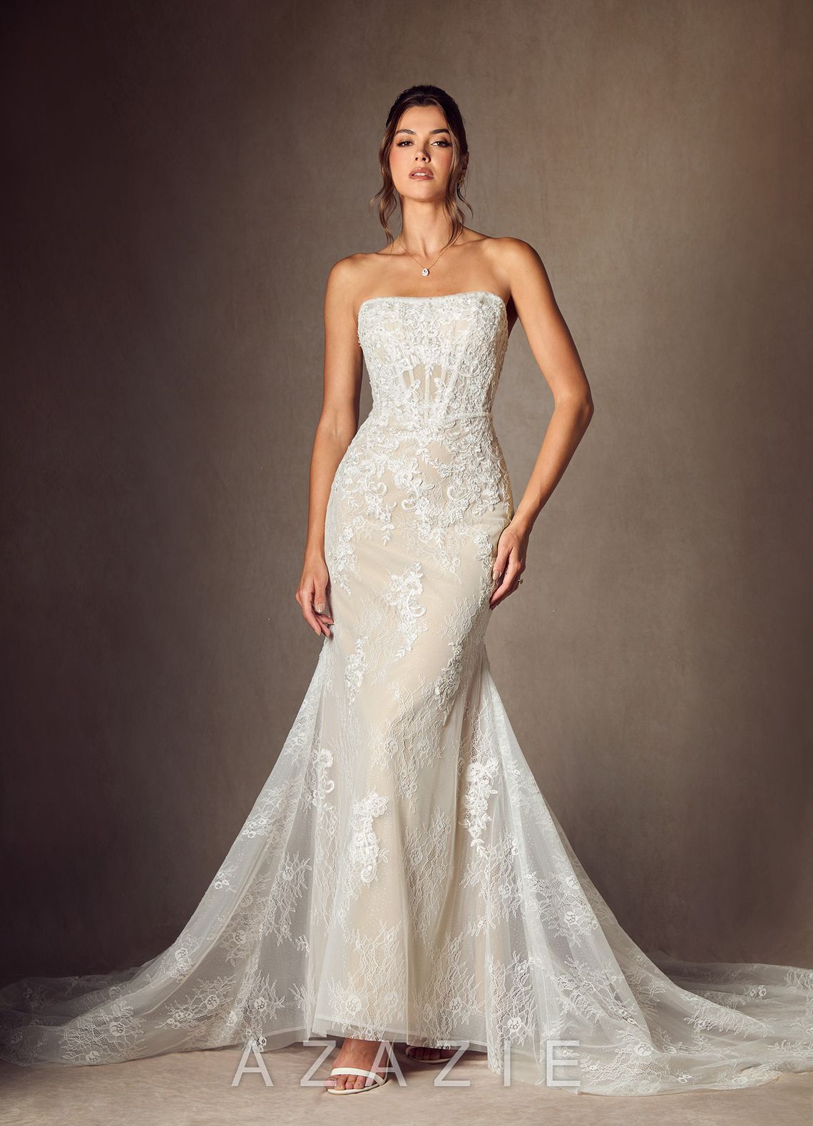 Azazie Caitlin Diamond White Champagne Mermaid Strapless Lace Dress diamond_white/champagne