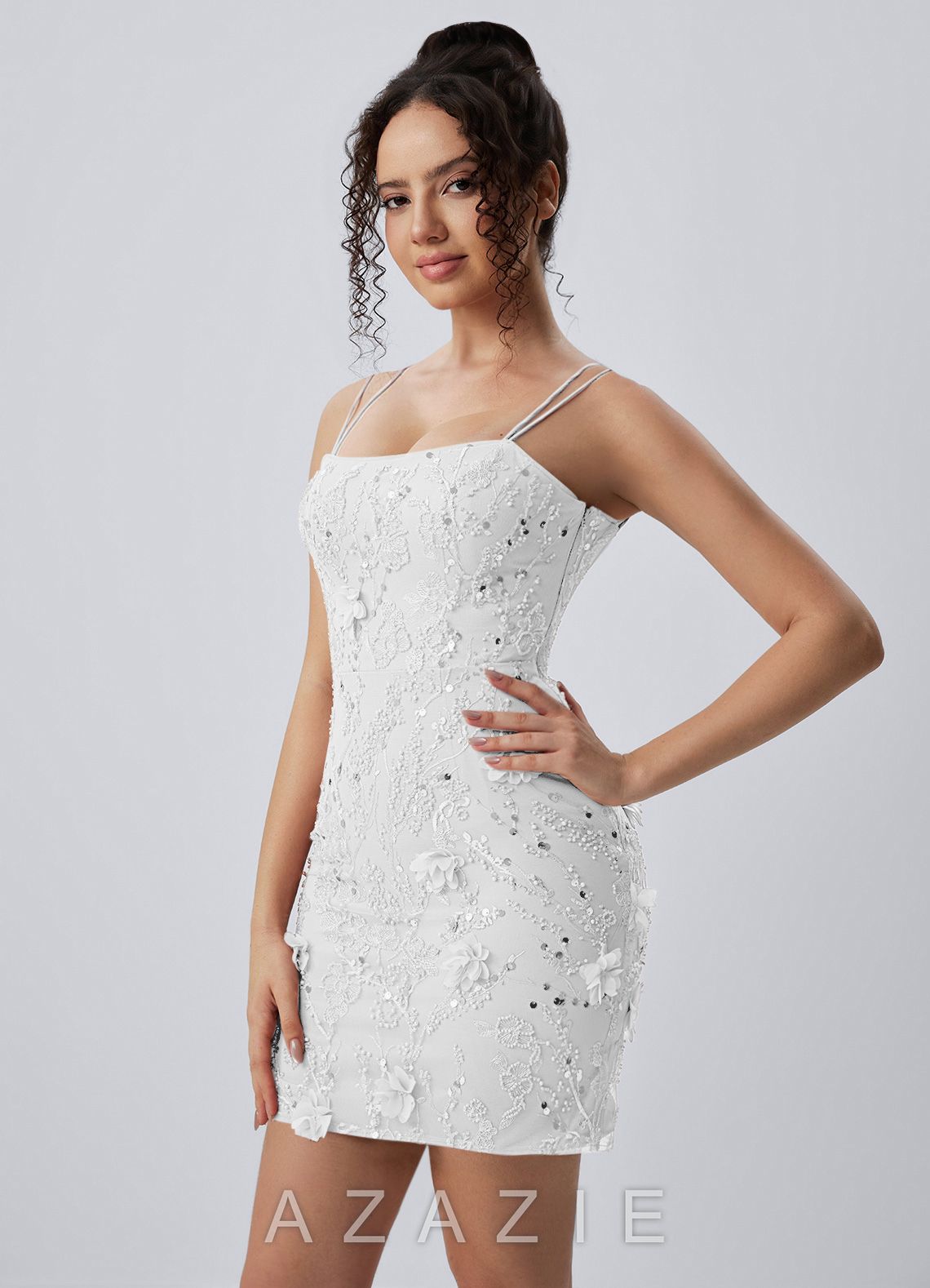 Marceline White Spaghetti Strap 3D Floral Lace-Up Bodycon Mini Dress