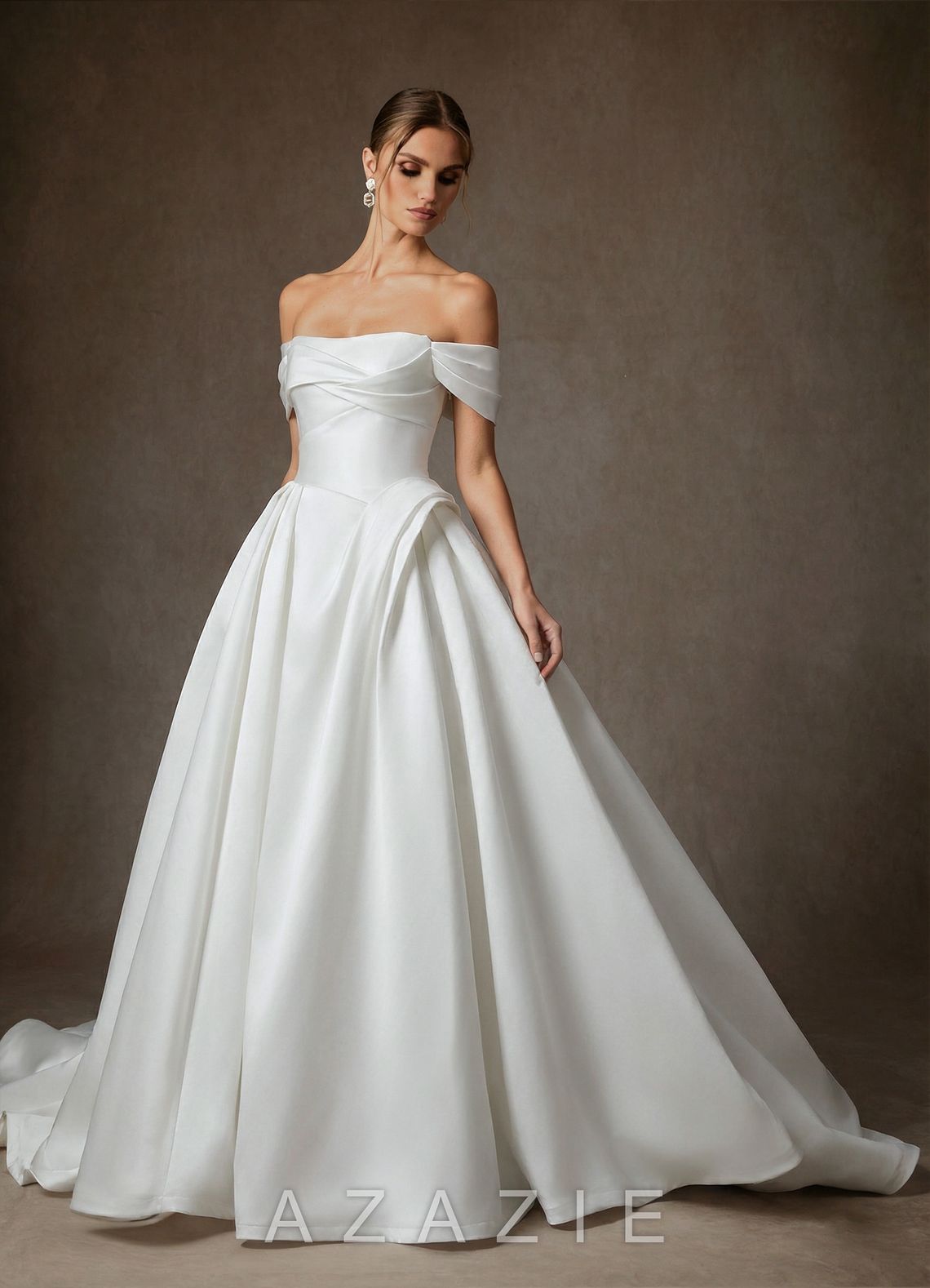Azazie Suki Diamond White Ball-Gown Off the Shoulder Satin Dress