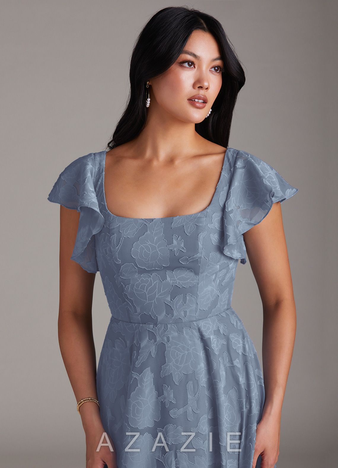 Azazie Bondi Dusty Blue A-Line Ruched Floral Burnout Dress dusty_blue