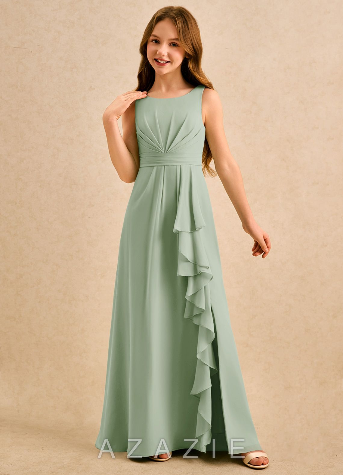 Azazie Chibi Girls Formal Dusty Sage A-Line Pleated Chiffon Dress dusty_sage