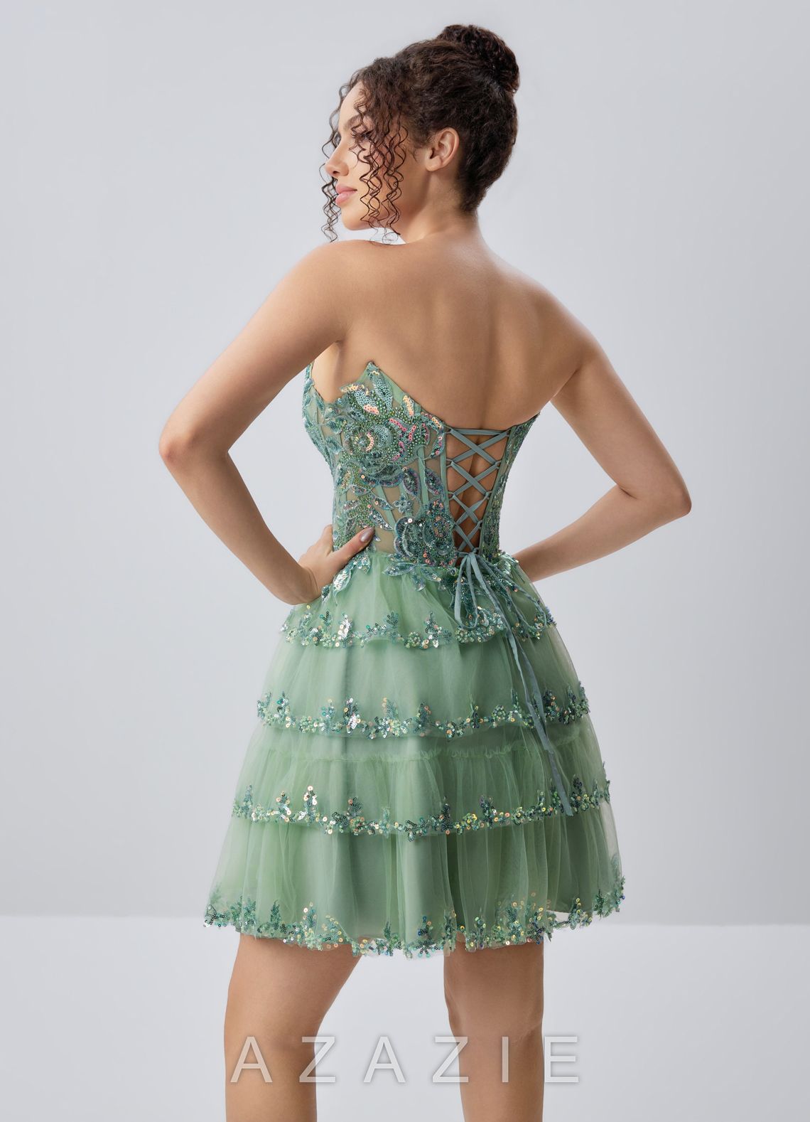Esmayabella Sage Sequin Embroidery Beading Ruffles Corset Tulle Mini Dress