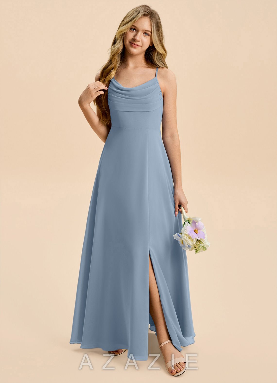 Azazie Gia Junior Dusty Blue A-Line Pleated Chiffon Dress dusty_blue