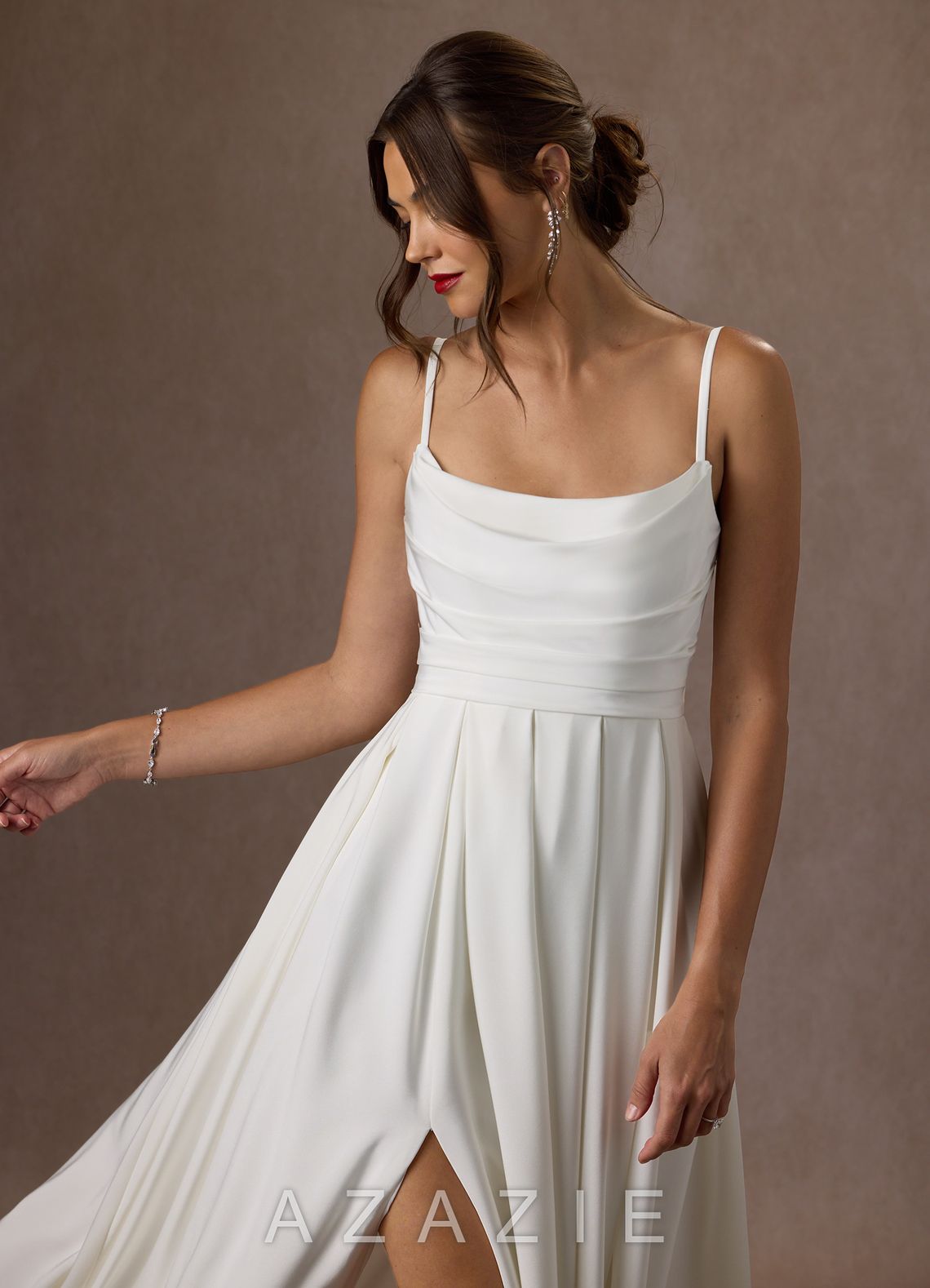 Azazie Caymus Wedding Dress Diamond White A-Line Scoop Pleated Crepe Back Satin Dress diamond_white