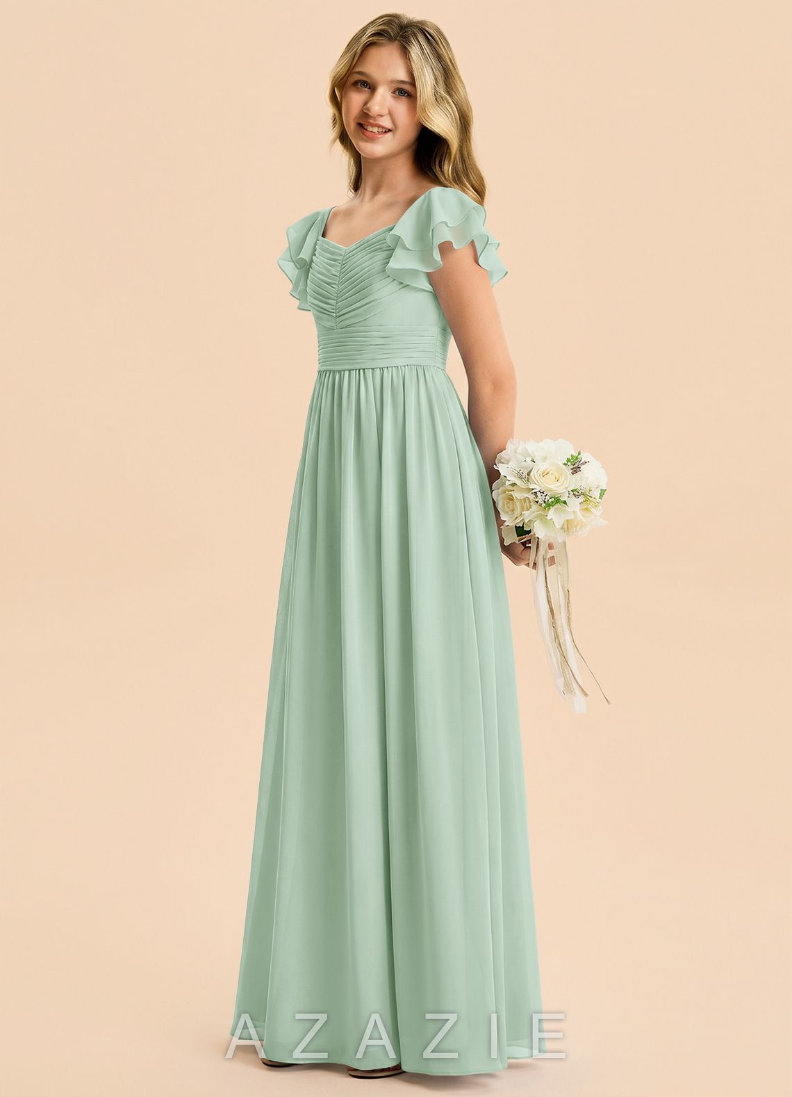 Azazie Anaya Junior Agave A-Line Sweetheart Neckline Chiffon Dress agave