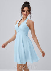 Joviannelle Light Blue Halter Hand Ruched Chiffon Mini Dress