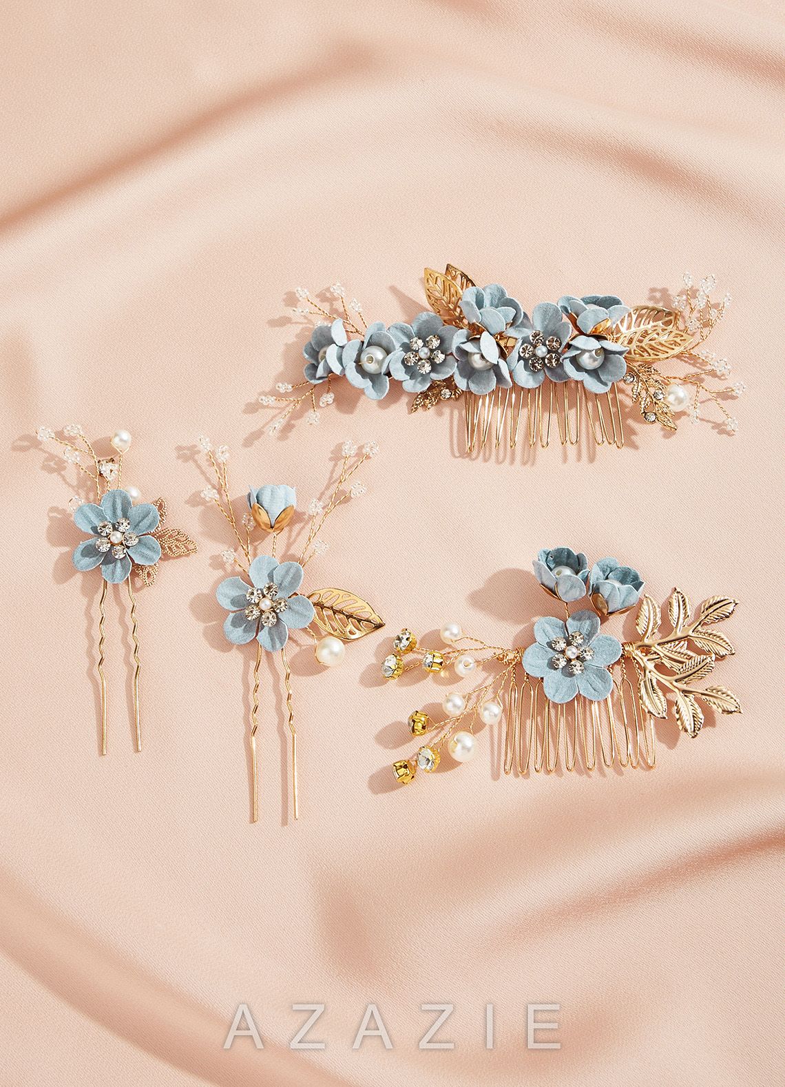 Blue Floral Hair Comb Set