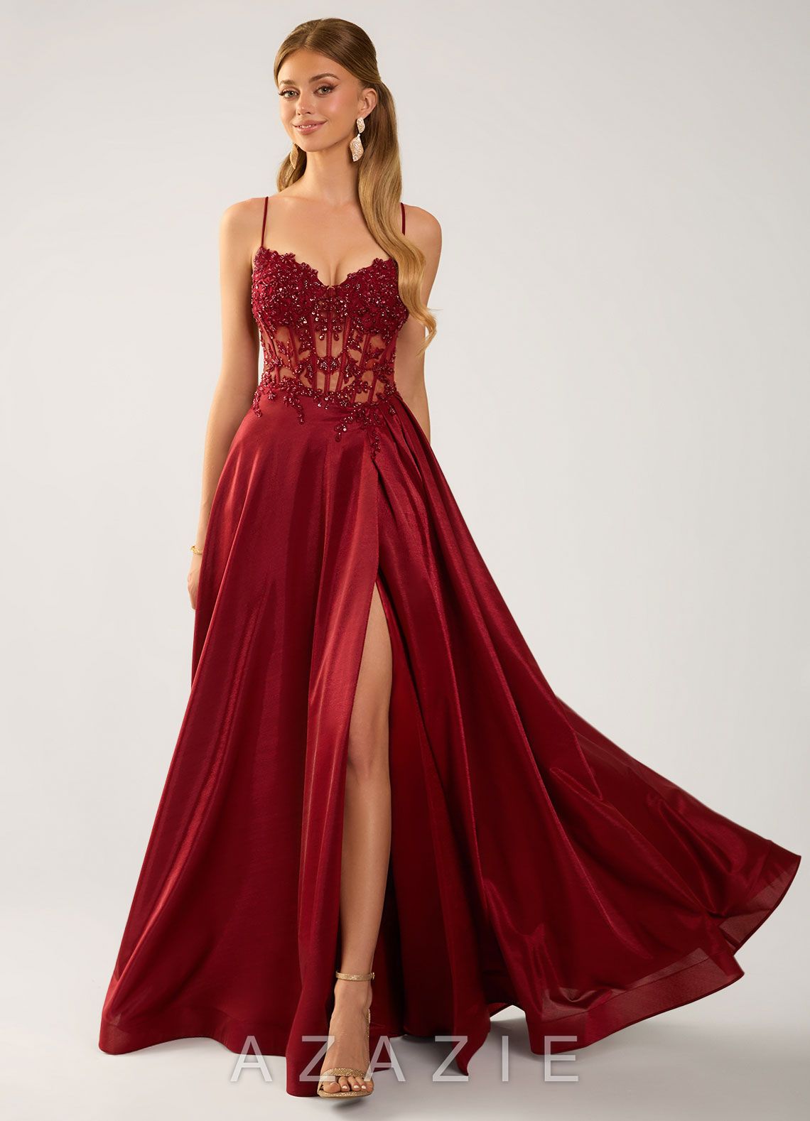 Isoldemark Burgundy Beading Sequin Embroidery Satin Prom Dress