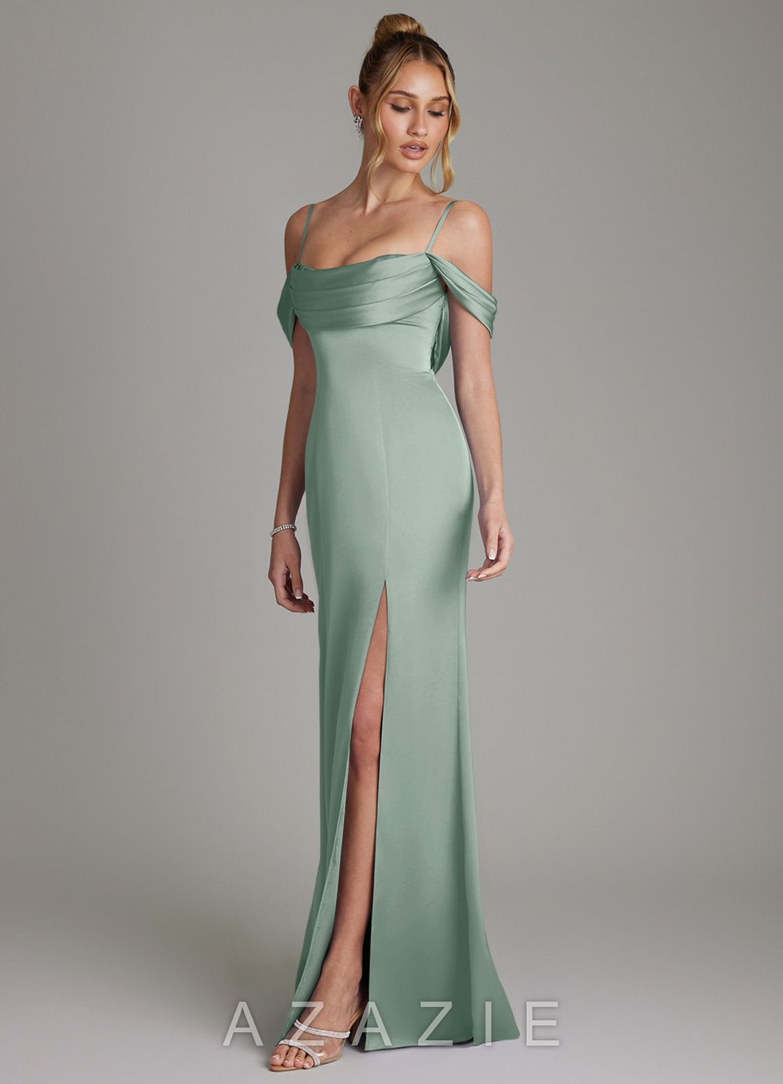 Azazie Nira Agave Mermaid Corset Stretch Satin Dress agave
