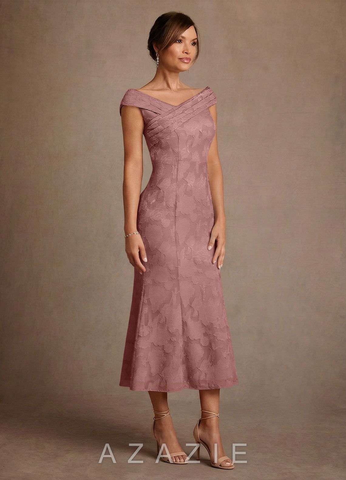 Azazie Keith Dusty Rose Sheath Pleated Floral Burnout Dress dusty_rose