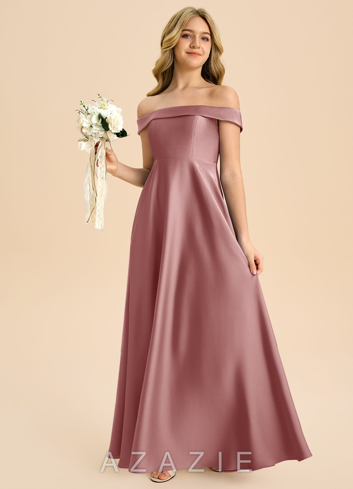 Azazie Sissy Junior Dusty Rose A-Line Off the Shoulder Stretch Satin Dress dusty_rose