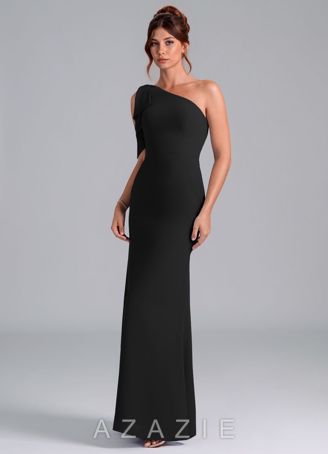 Azazie Rinna Black Mermaid One Shoulder Chiffon Dress black