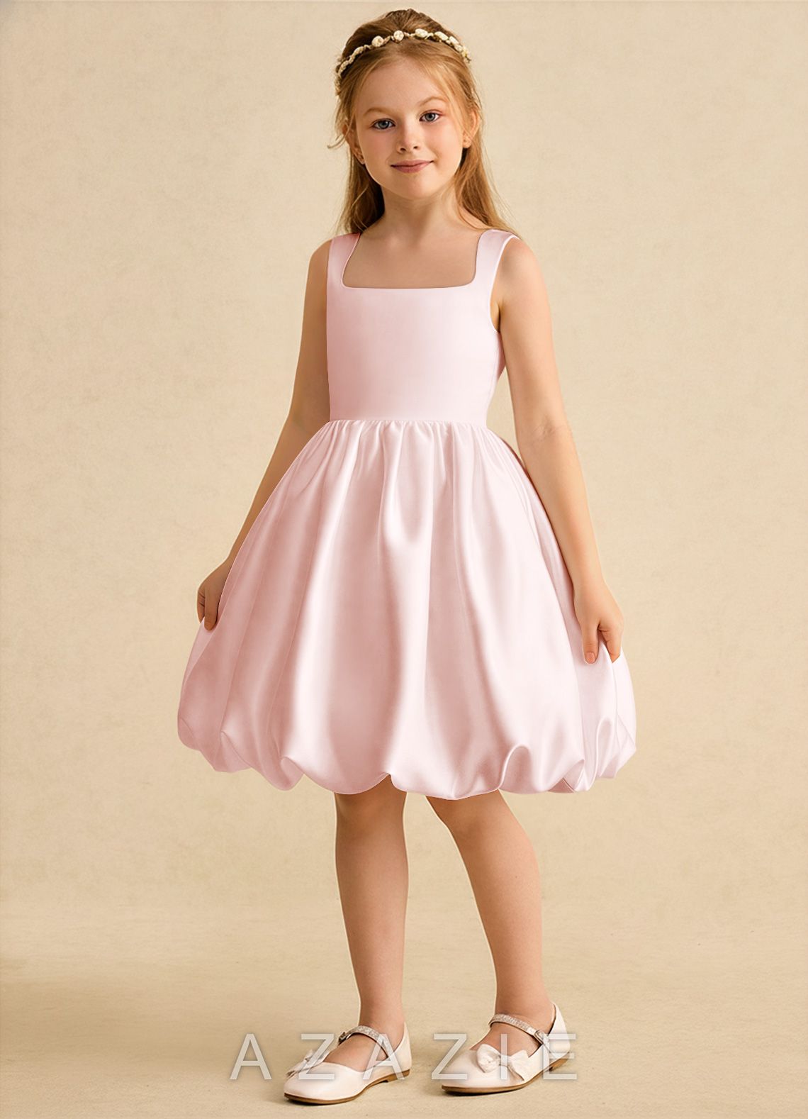 Azazie Nirvana Blushing Pink Ball-Gown Ruched Matte Satin Dress blushing_pink