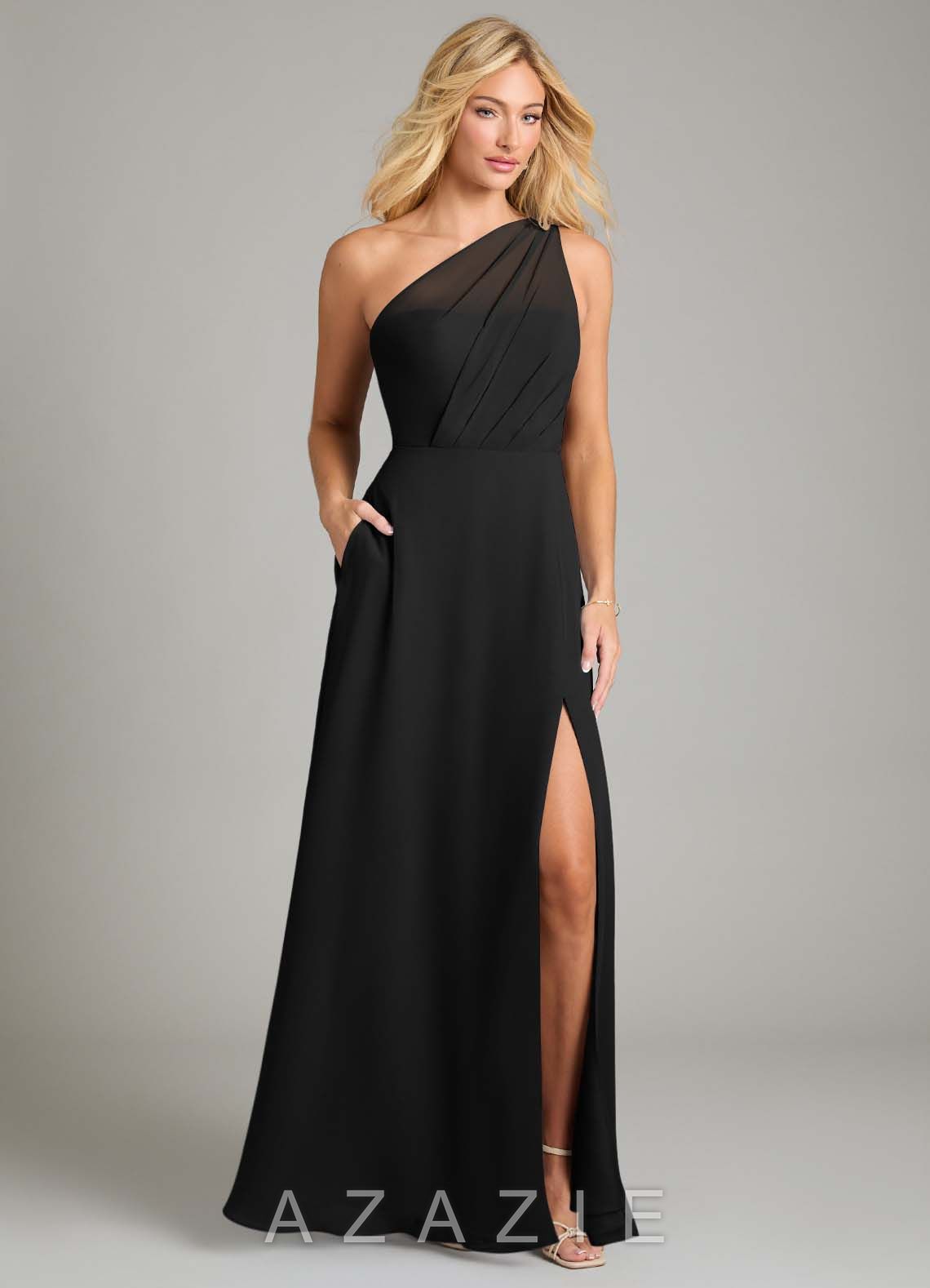 Azazie Phaedra Black A-Line One Shoulder Chiffon Dress