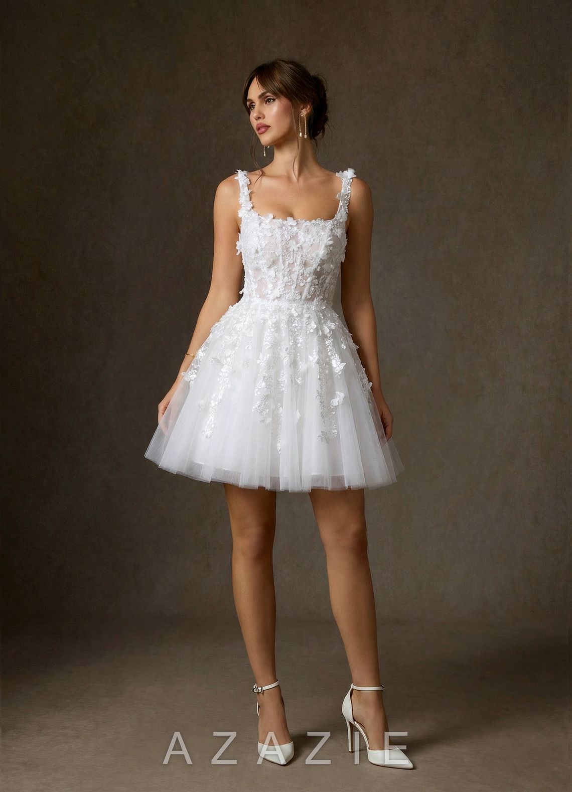 Azazie Sabine Diamond White A-Line Square Neckline Lace Dress diamond_white