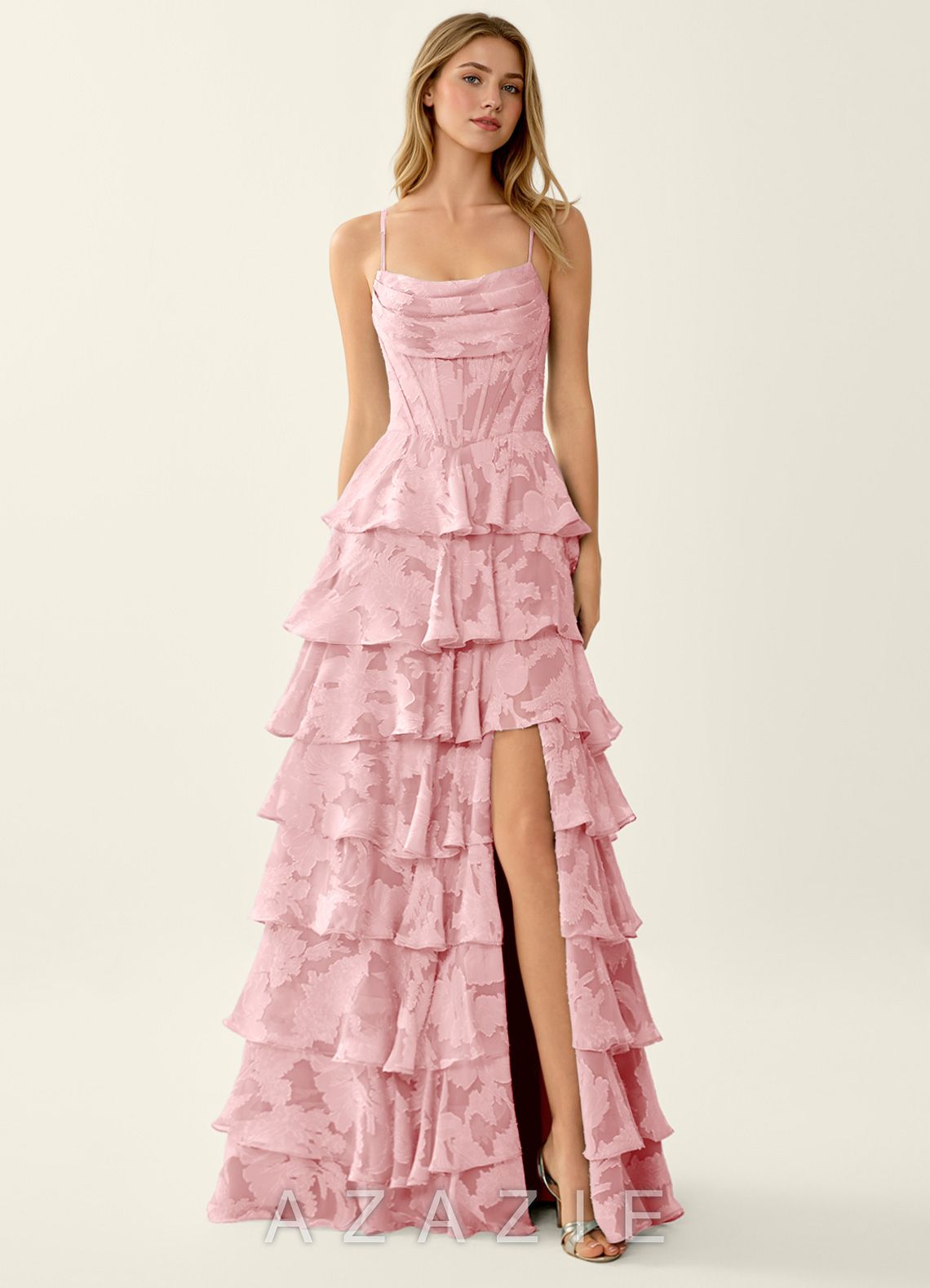 Wrenana Coral Pink Textured Floral Jacquard Prom Dress  sp_coral_pink_#cp134838