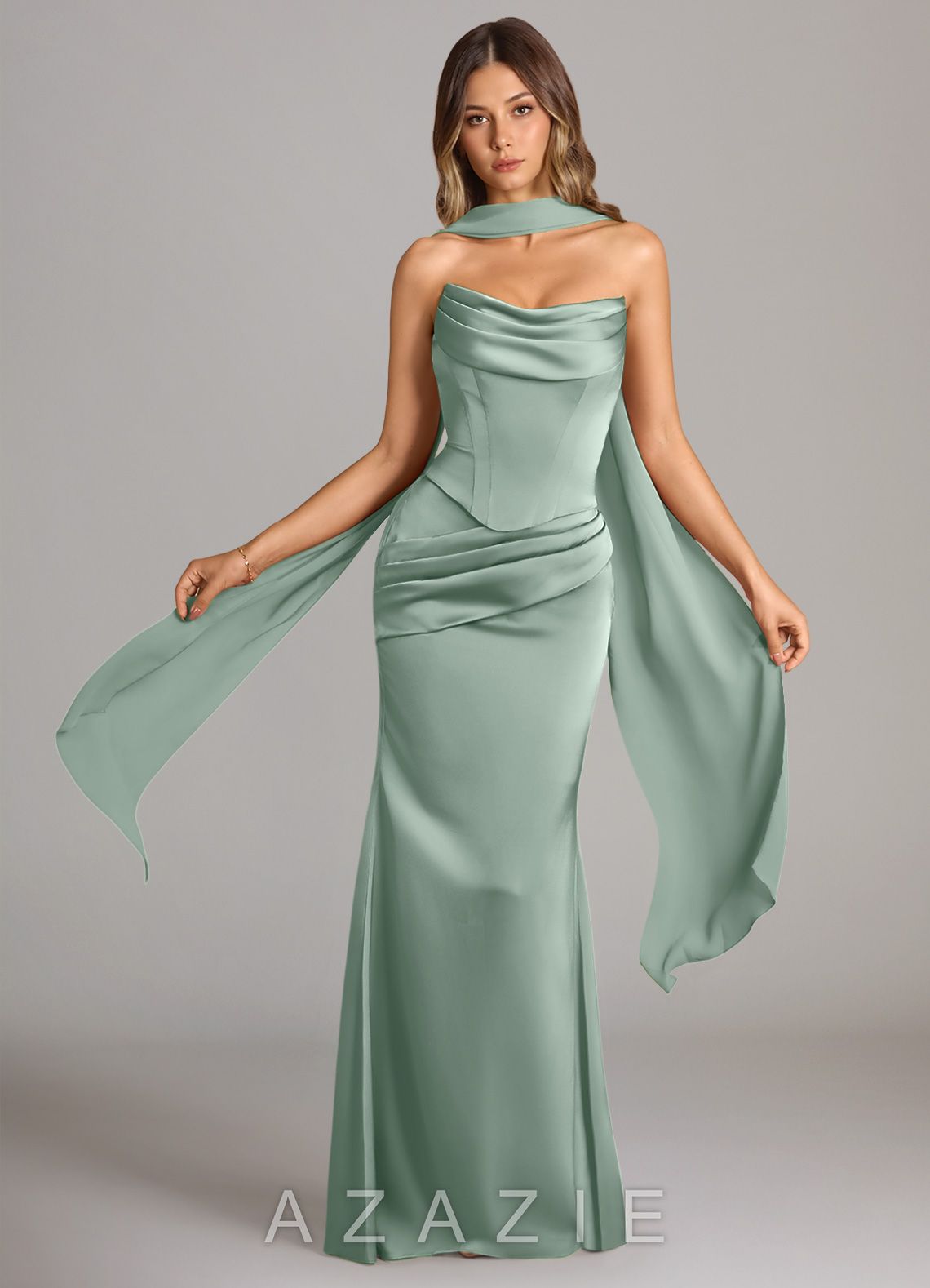 Azazie Sorrel Agave Mermaid Strapless Stretch Satin Convertible Dress