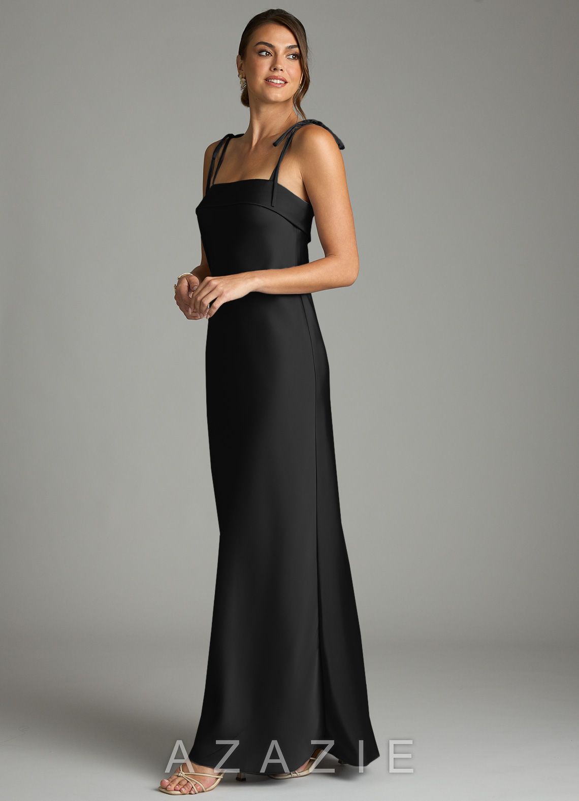Azazie Ellia Black Sheath Bow Stretch Satin Dress black