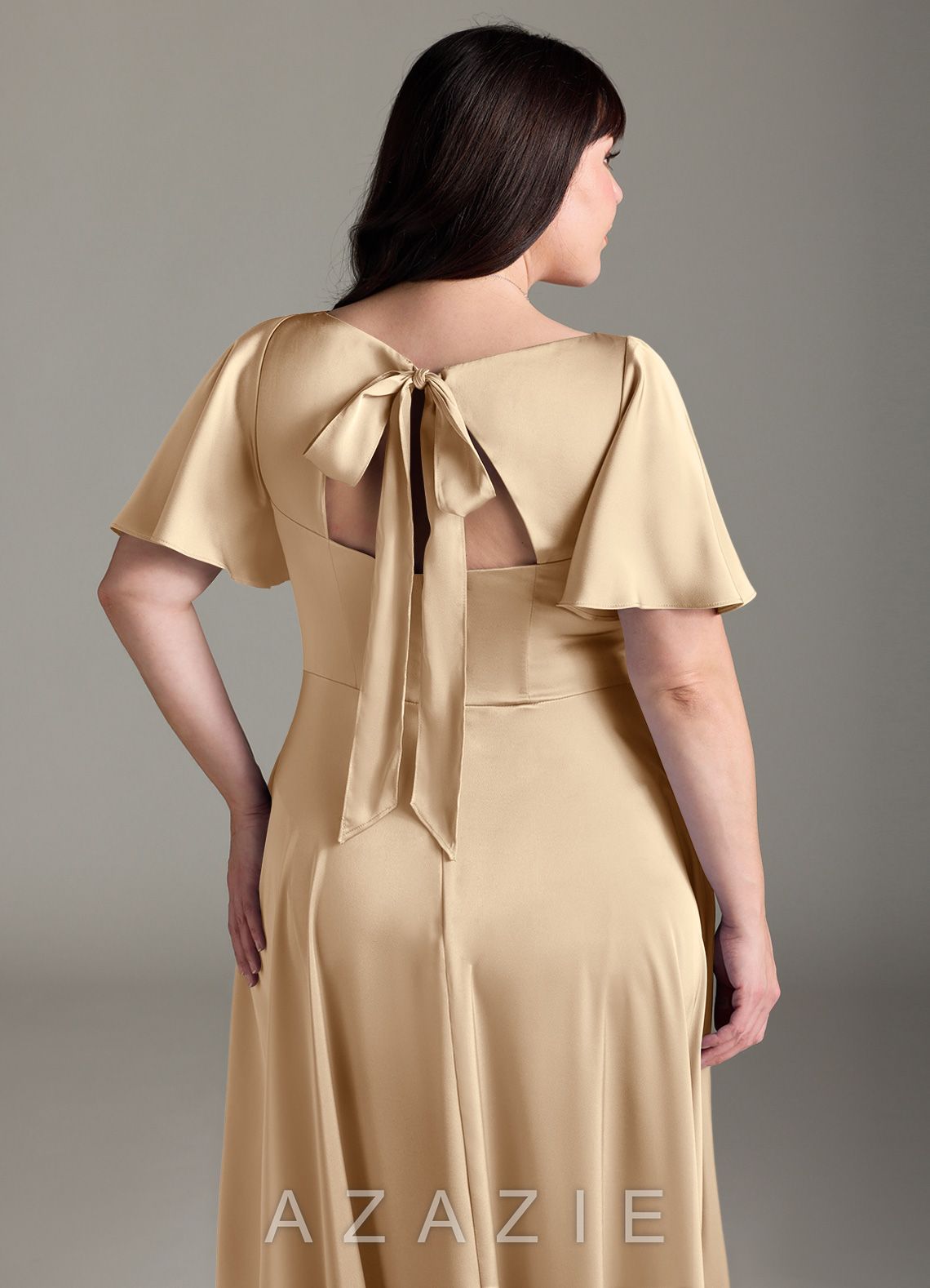 Azazie Kimber Champagne A-Line Ruched Stretch Satin Dress champagne
