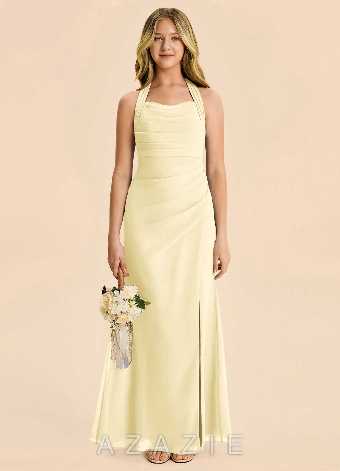Azazie Destiny Junior Lemon Sorbet Sheath Ruched Chiffon Dress lemon_sorbet