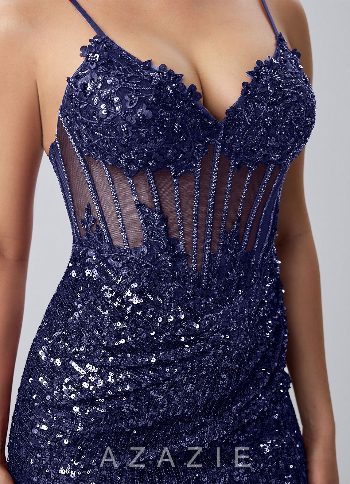 Martine Navy Spaghetti Strap 3D Floral Sequin Corset Mini Dress