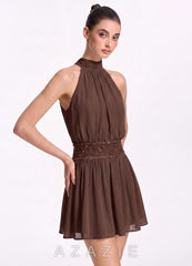 Rosalinde Ganache Halter Chiffon Beaded Waist Back Bow Mini Dress