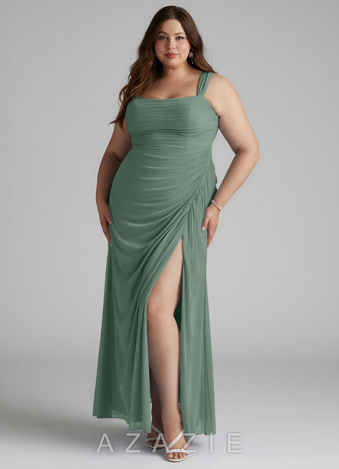 Azazie Jesaphine Eucalyptus Sheath Ruched Mesh Dress eucalyptus