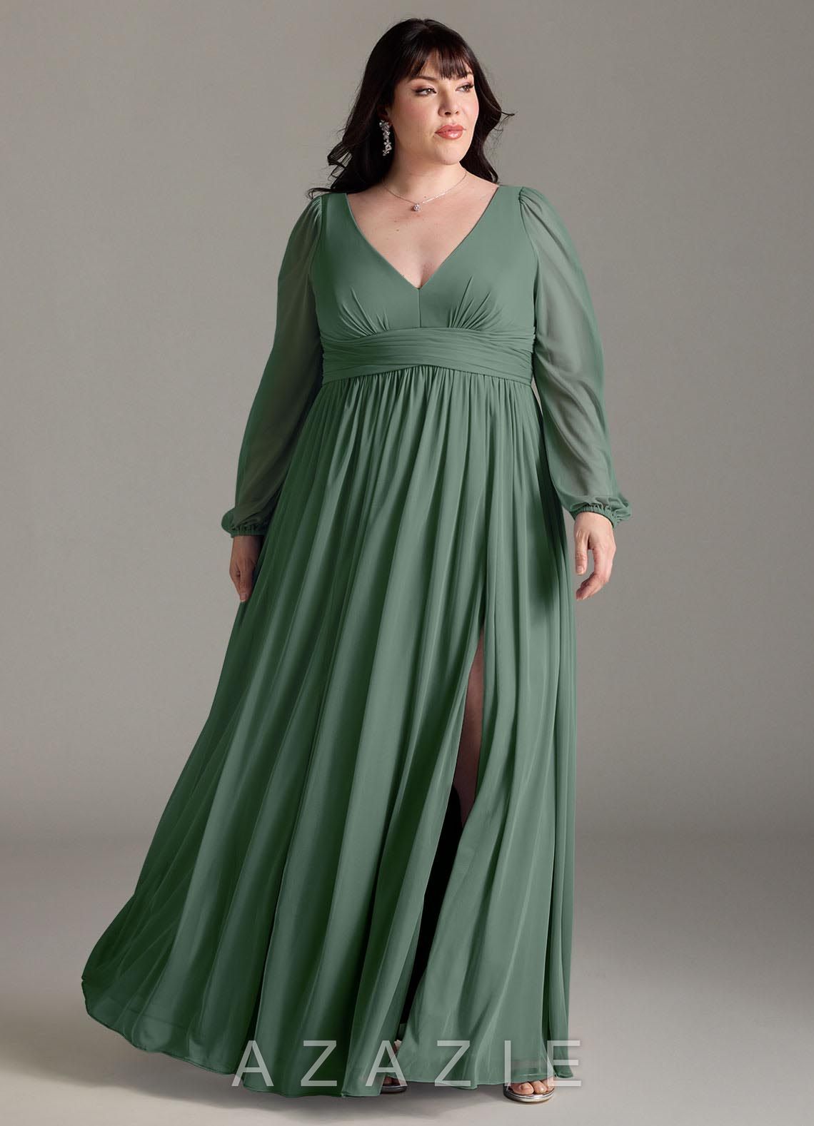 Azazie Norah Eucalyptus A-Line V-Neck Long Sleeve Chiffon Dress eucalyptus