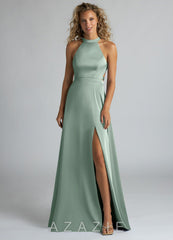 Azazie Clarice Agave A-Line High Neck Stretch Satin Dress agave